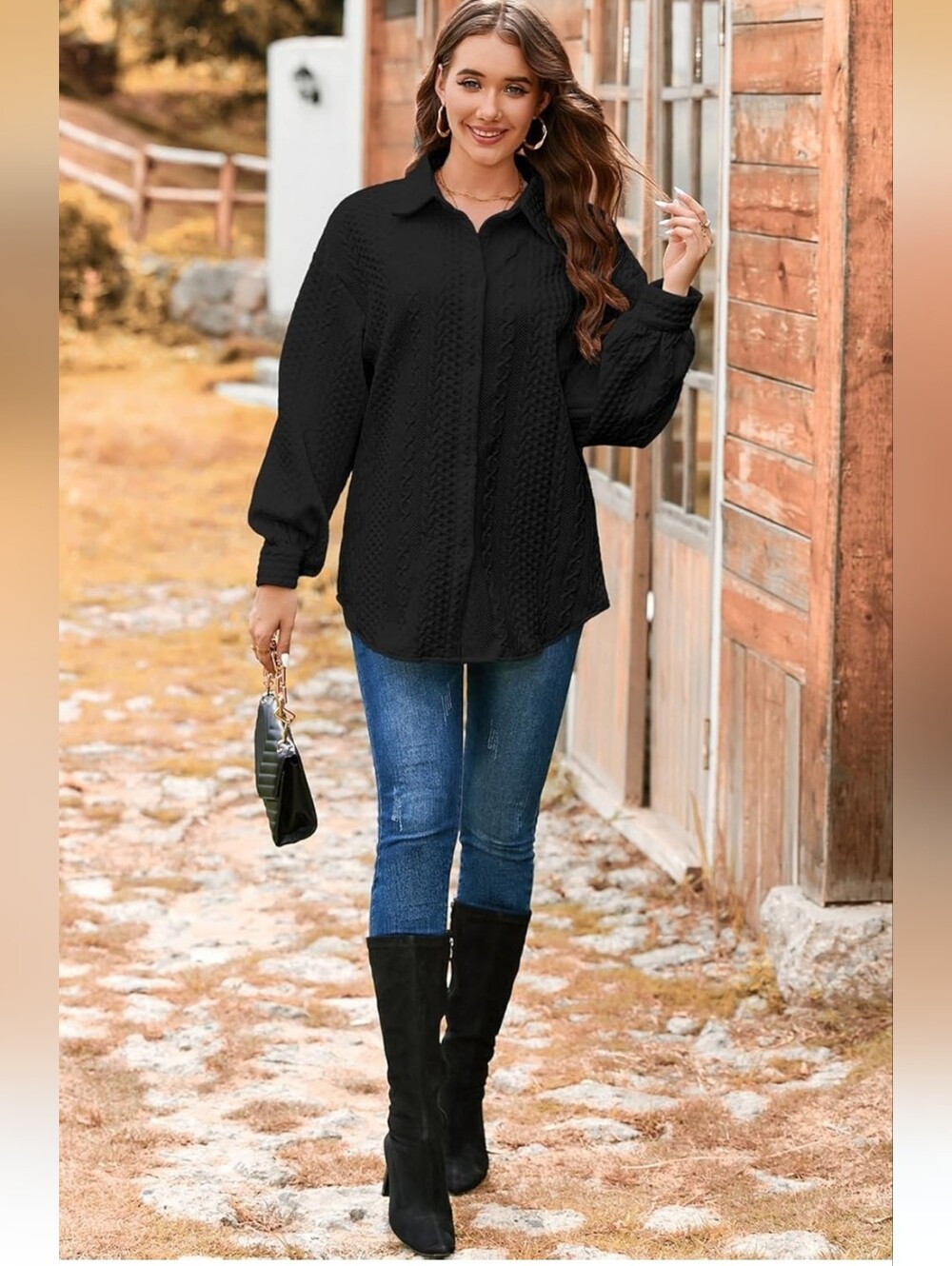 NWT FISOEW Black Textured Faux Cable Knit Shirt Jacket Puff Sleeve XL